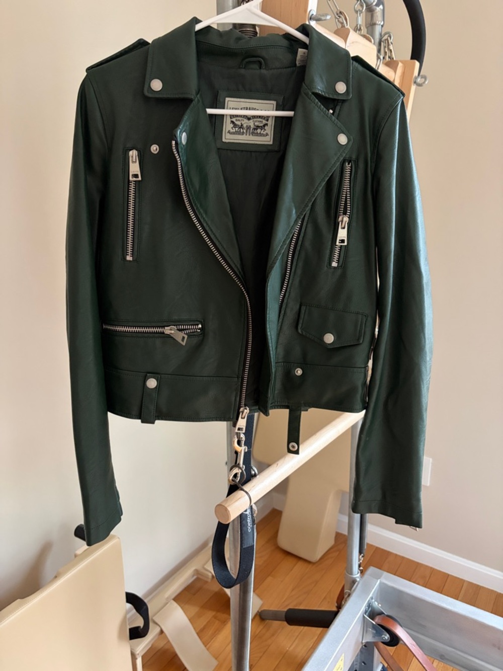 Levi's Dark Green Leather Moto Jacket with Silver Hardware